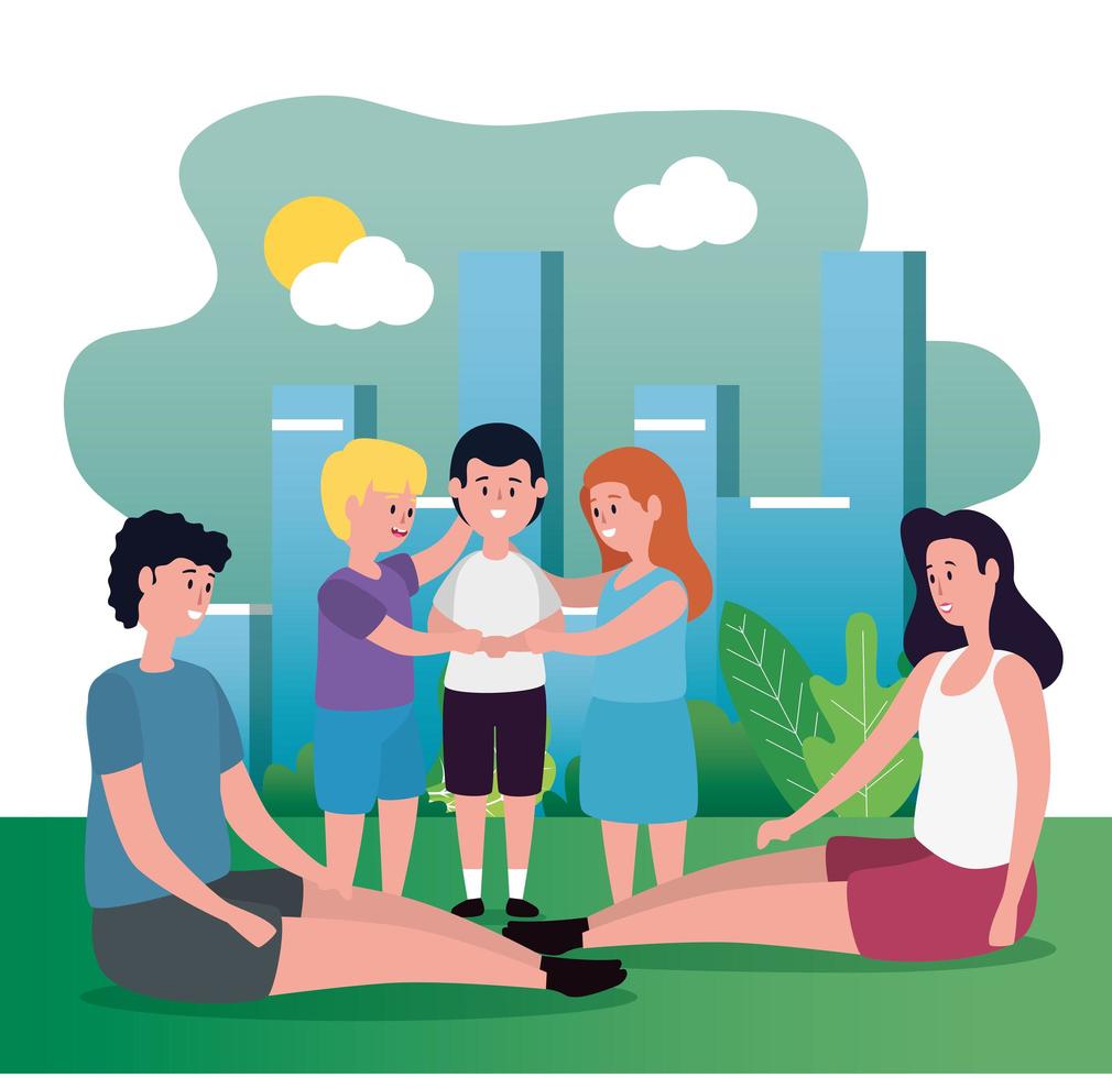 parents couple with kids on the park vector