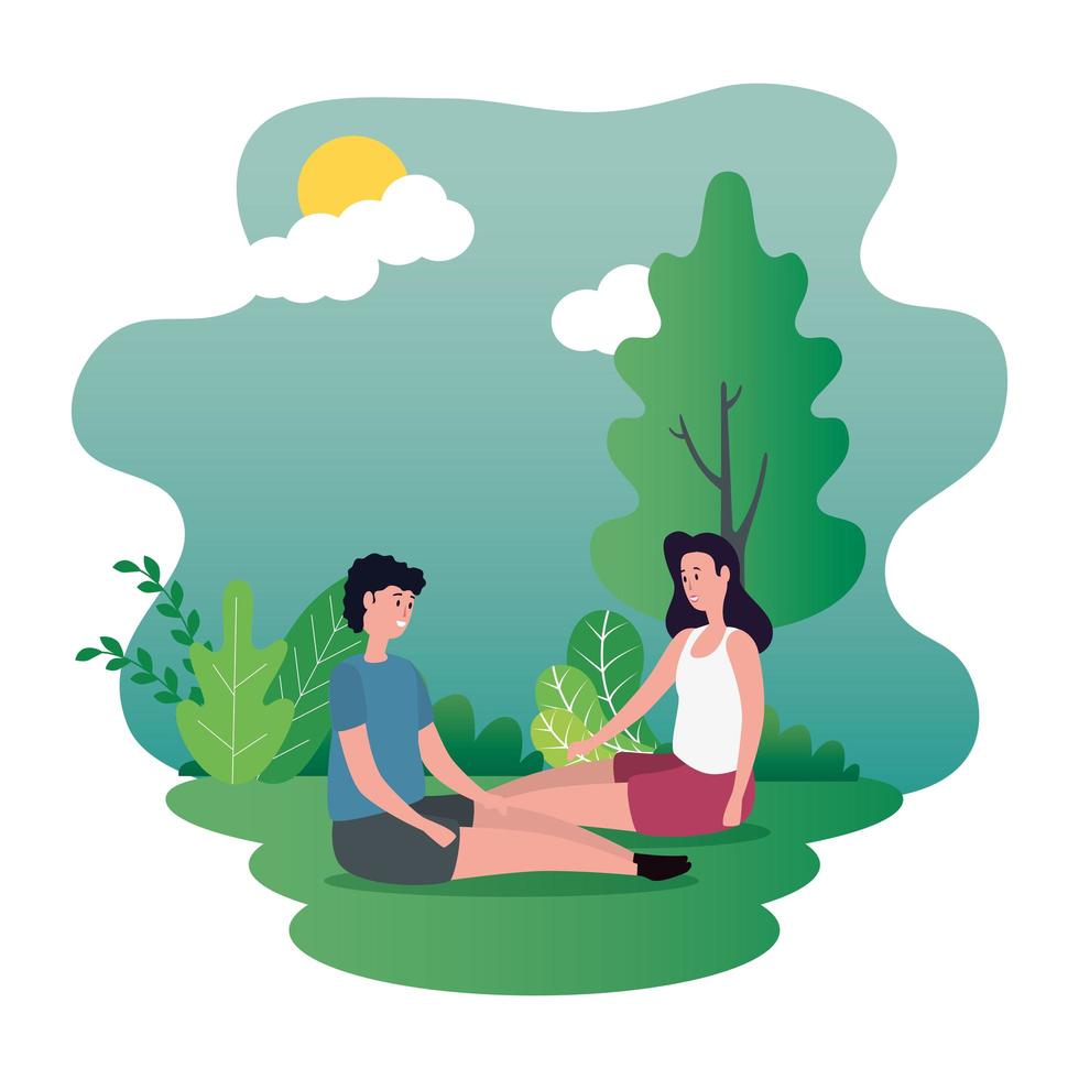 cute lovers couple seated on the park characters vector