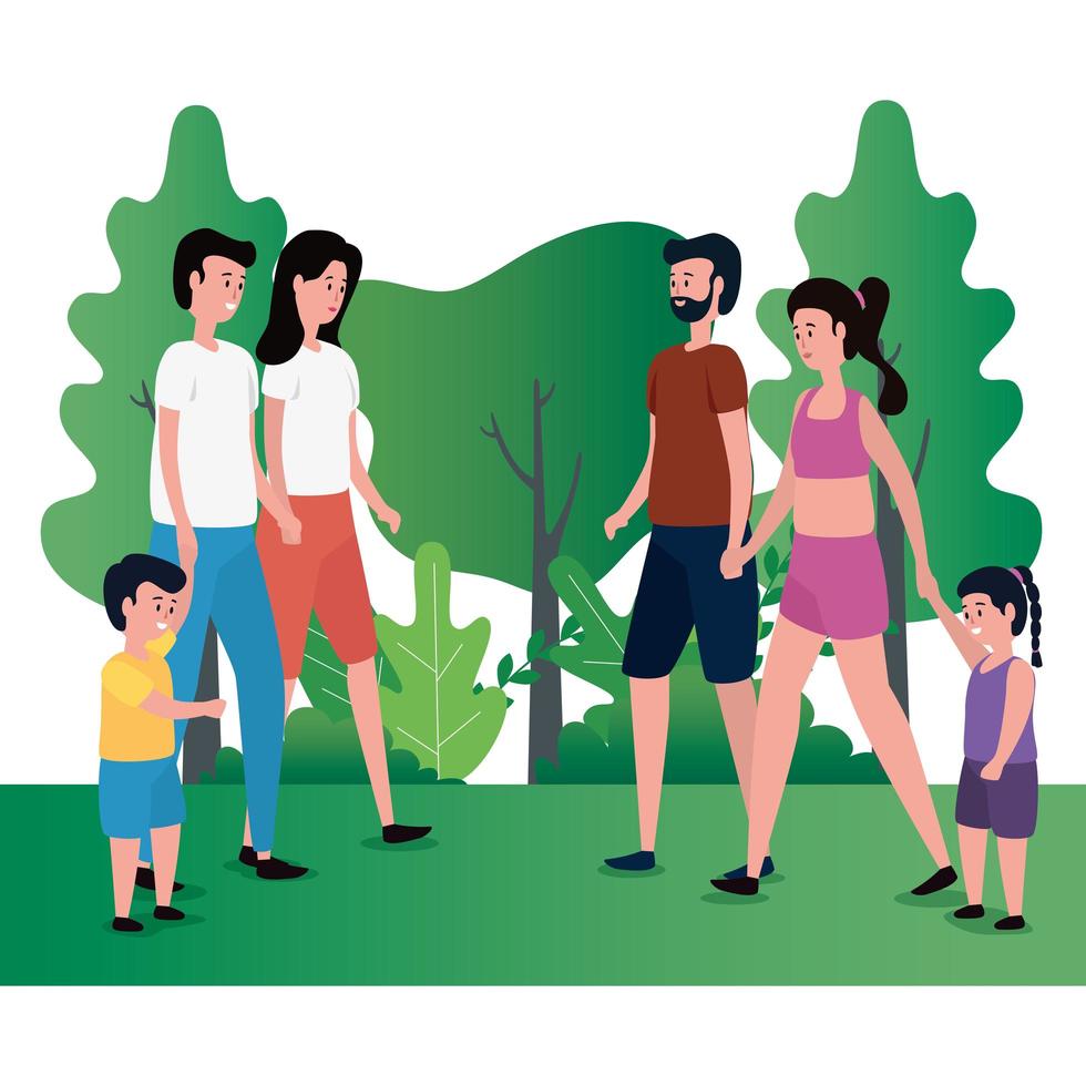 group of parents with kids on the park vector