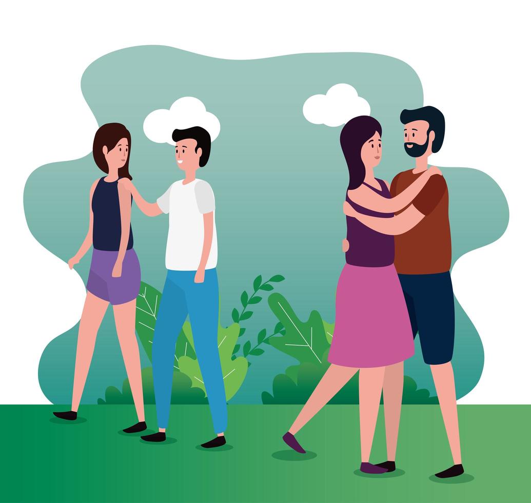 cute lovers couples on the park characters vector