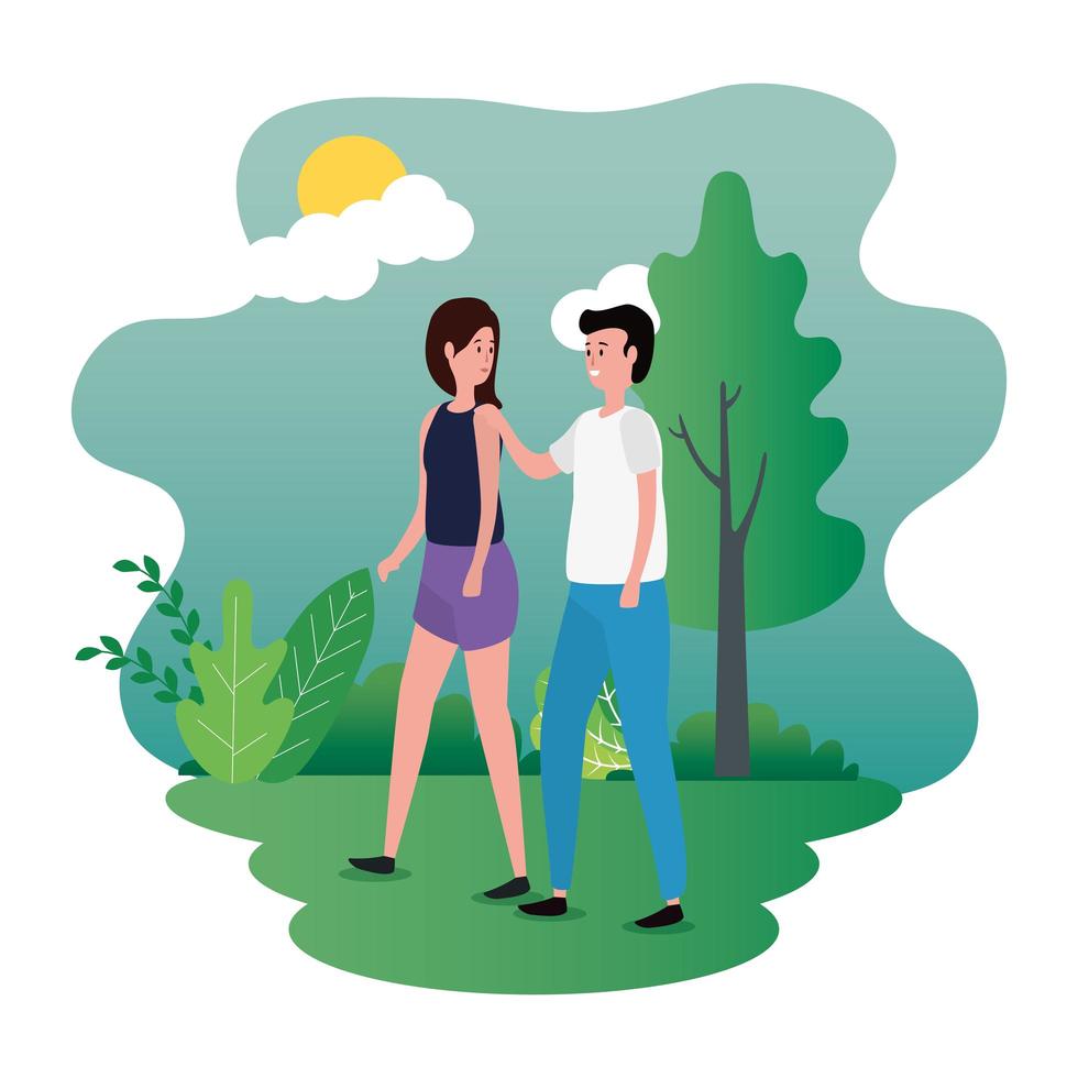 cute lovers couple on the park characters vector