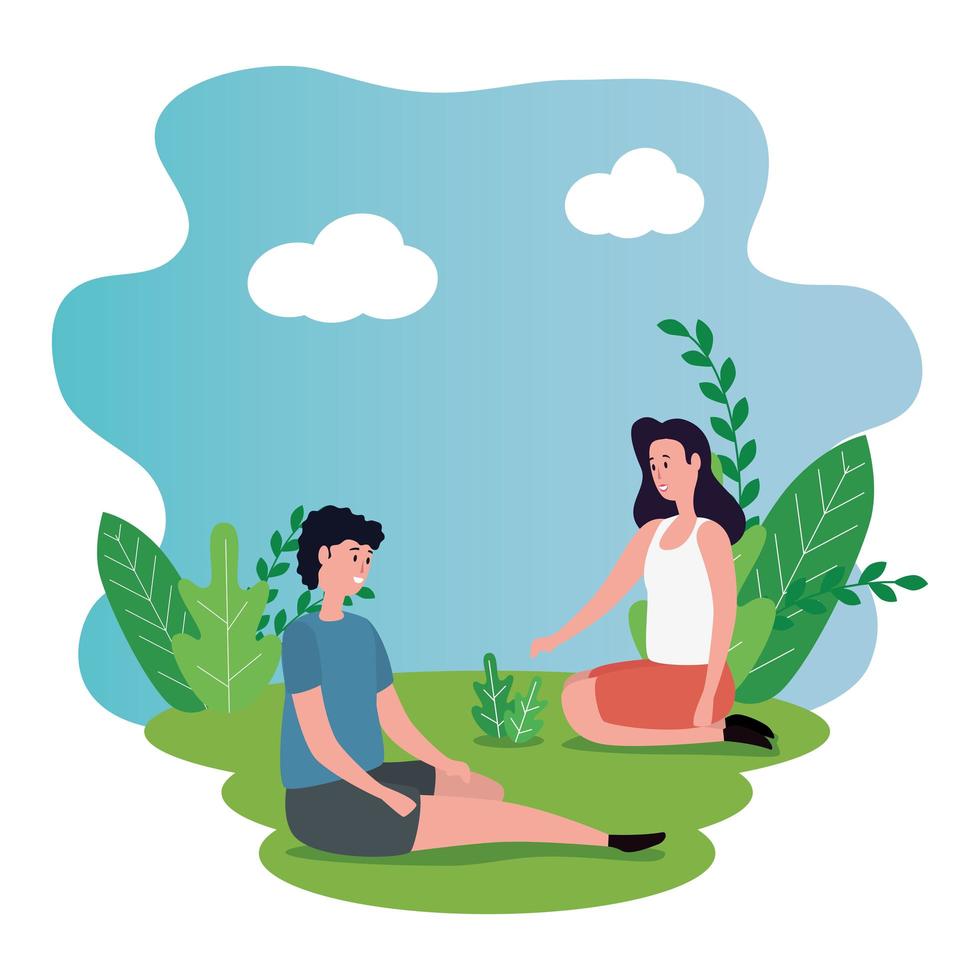 cute lovers couple seated on the park characters vector