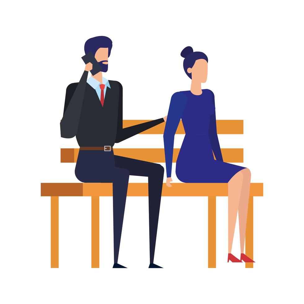 business couple calling with cellphone in the park chair vector