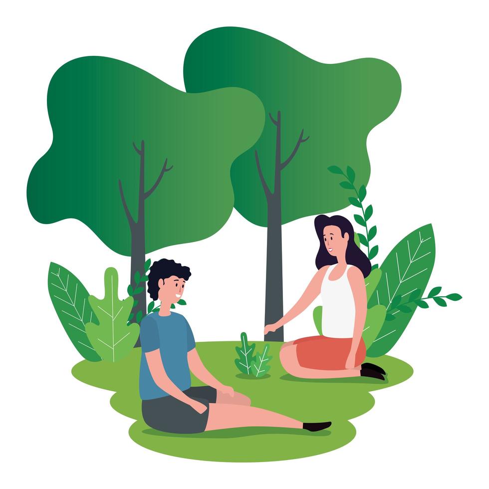 cute lovers couple seated on the park characters vector