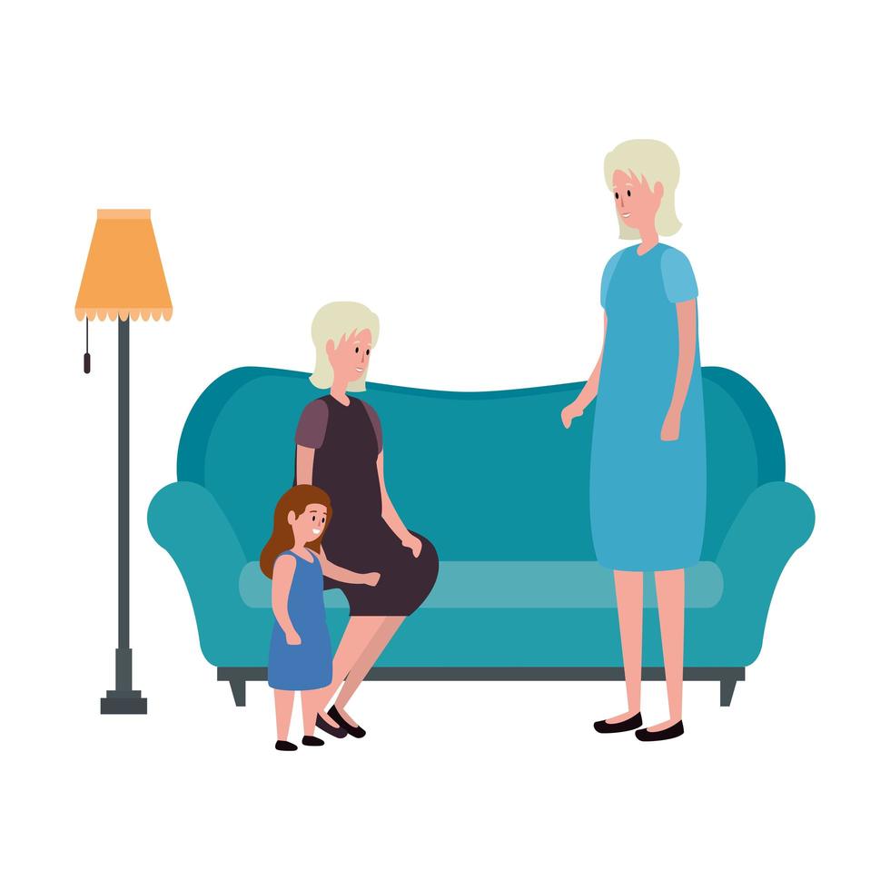 cute grandmothers with granddaughter in the sofa characters vector