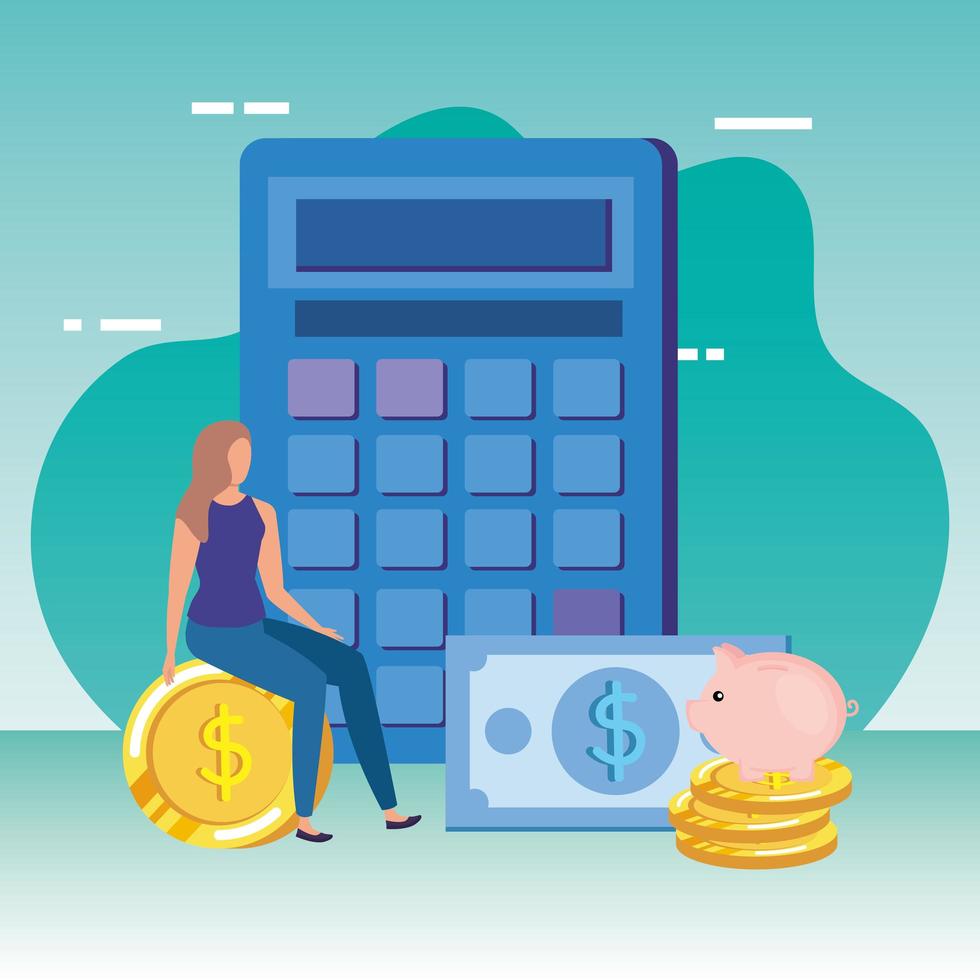 young woman with calculator and money vector