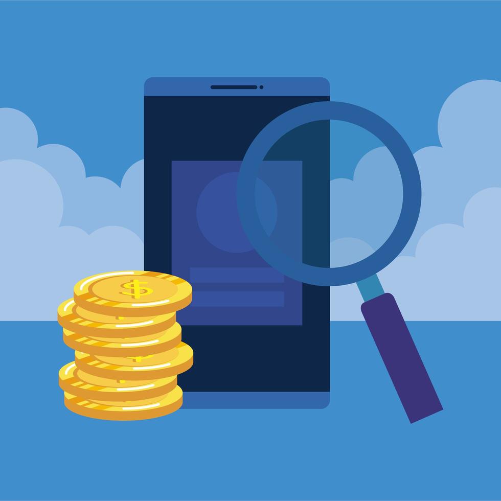 coins money dollars with smartphone and magnifying glass vector