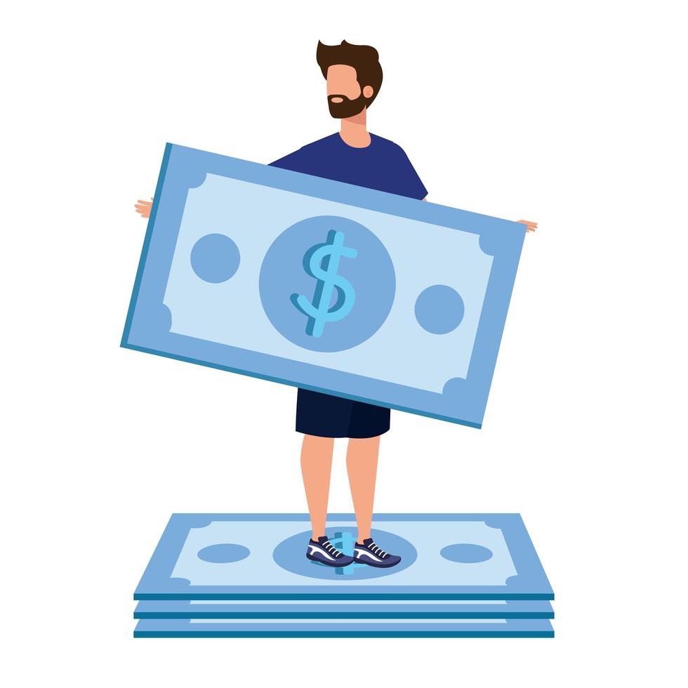 young man with bills dollars character vector
