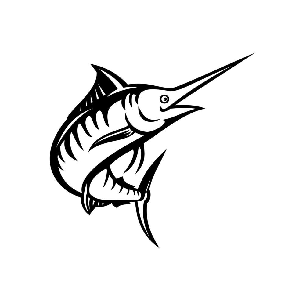 Indo-Pacific Blue Marlin Swimming Upward Stencil Retro Black and White vector