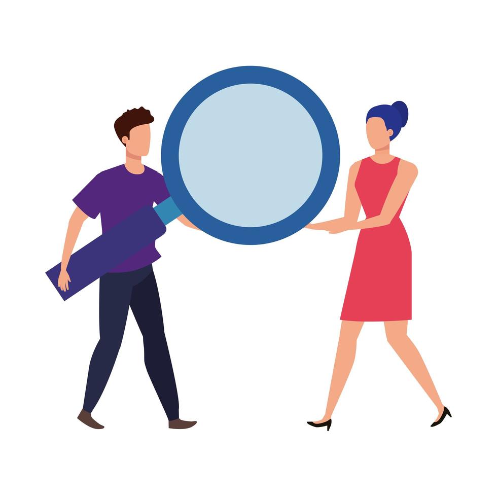 young couple with magnifying glass characters vector