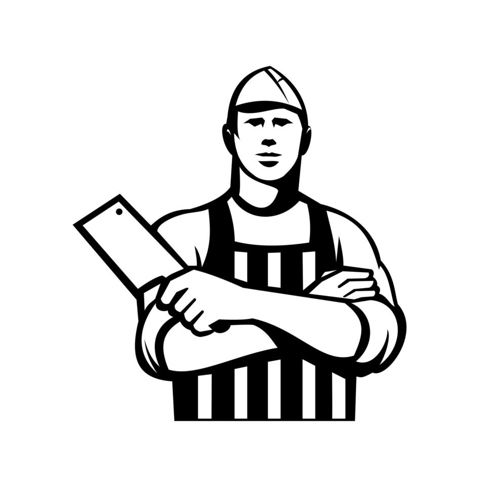 Butcher With Meat Cleaver Knife Arms Crossed Front Retro Black and White vector