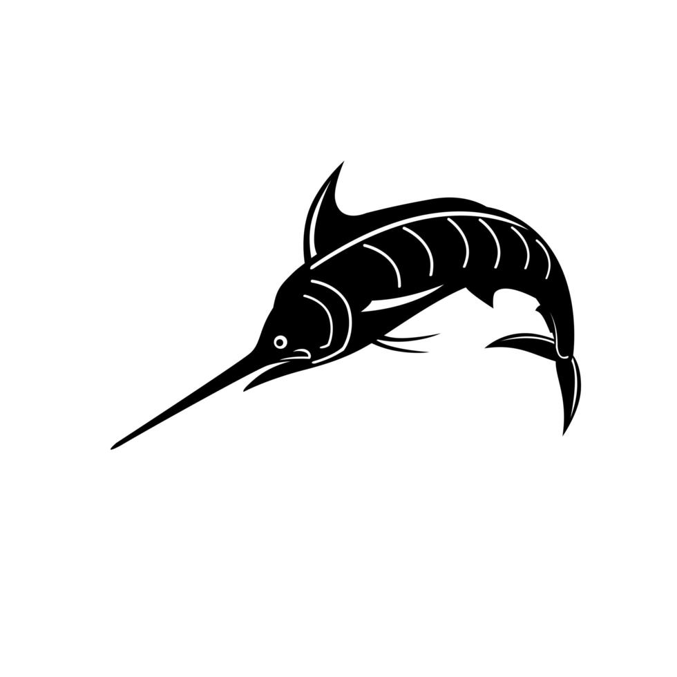 Atlantic Blue Marlin Jumping Upward Retro Woodcut Black and White vector