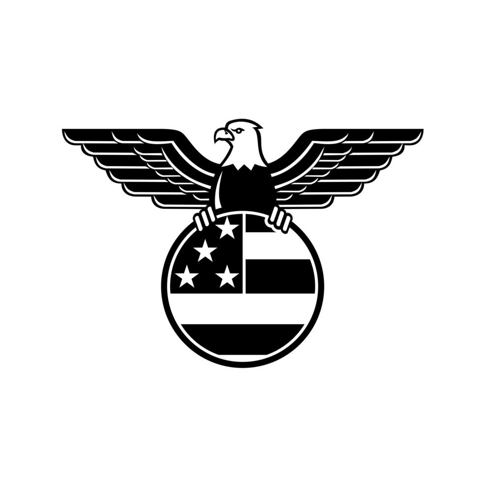 Águila calva americana con alas extendidas agarrando la bandera de rayas y estrellas de los Estados Unidos en círculo mascota en blanco y negro vector