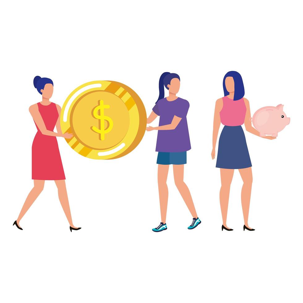 young women with coins dollars characters vector