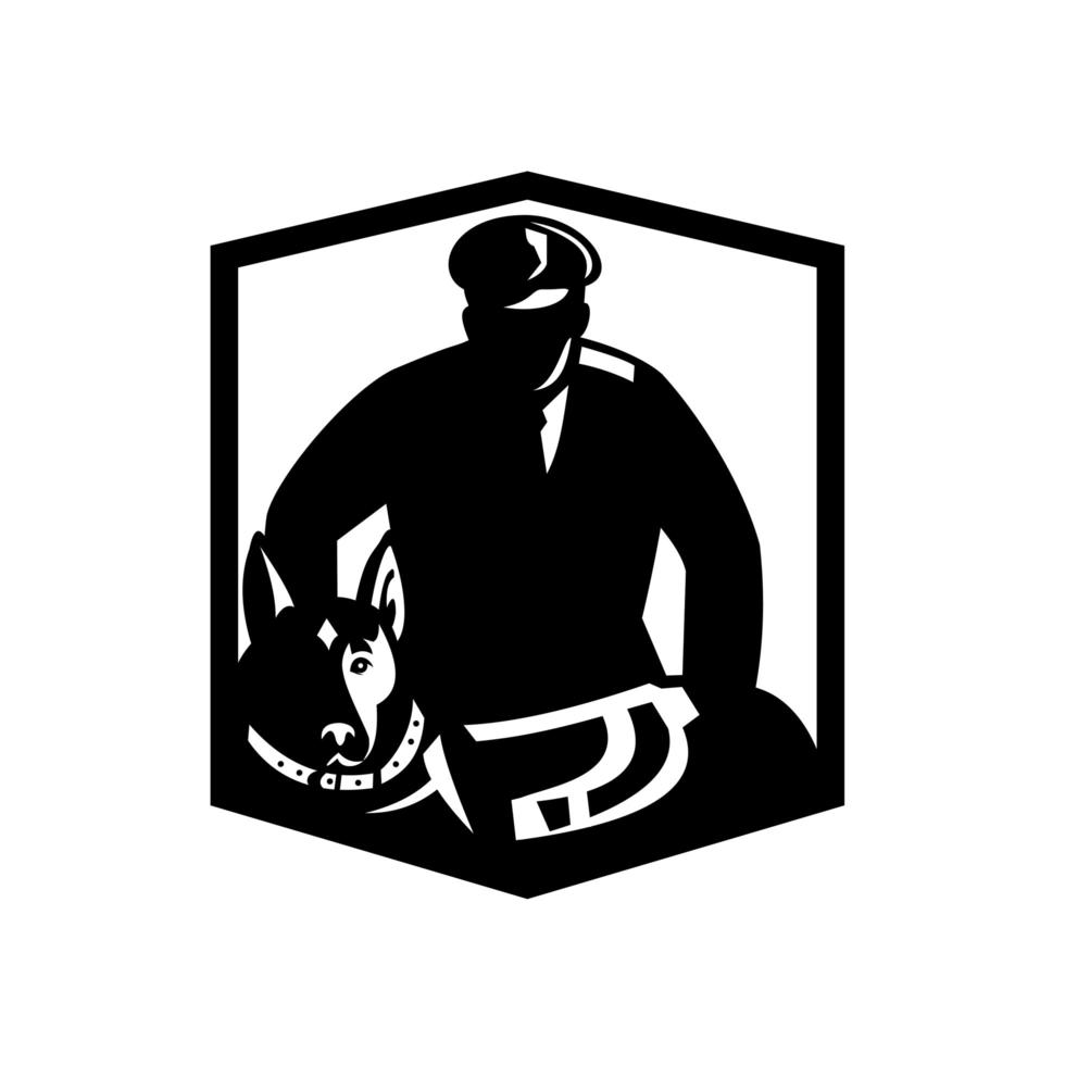 Guardia de seguridad canino y placa de perro policía retro en blanco y negro vector