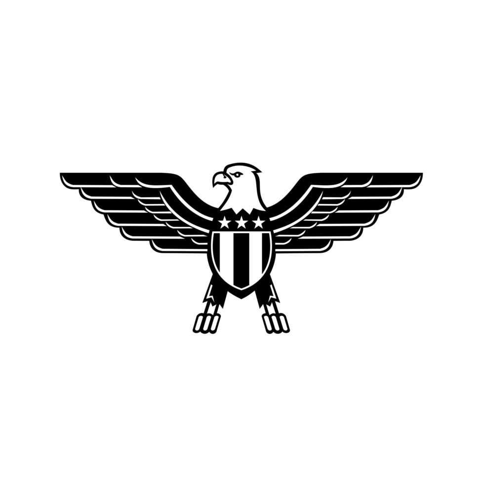 Águila calva americana con alas extendidas y bandera de bandera de estrellas de estados unidos en el pecho mascota en blanco y negro vector