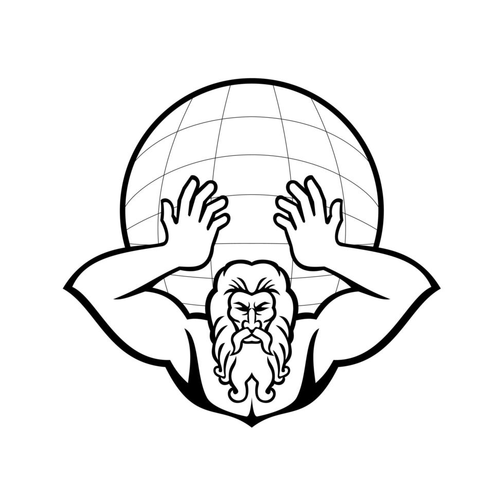 Atlas Holding Up World Front View Mascot Black and White vector