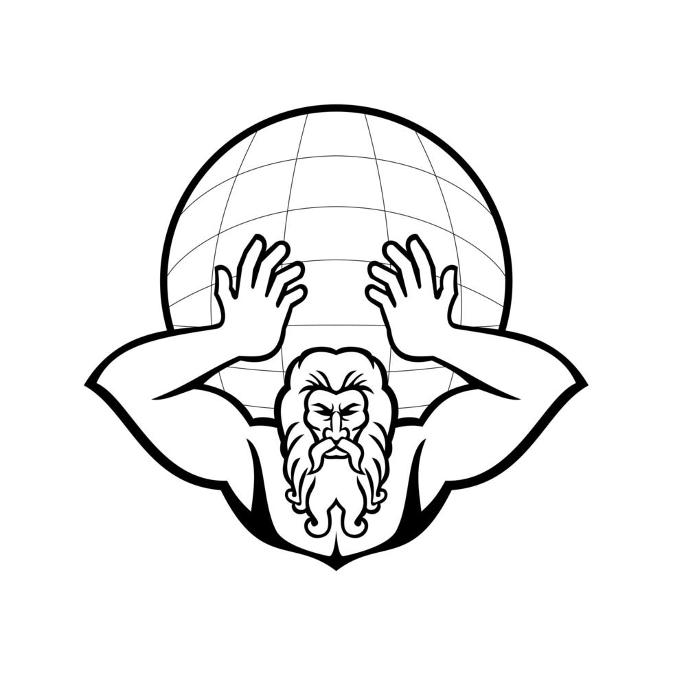 Atlas Holding Up World Front View Mascot Black and White vector