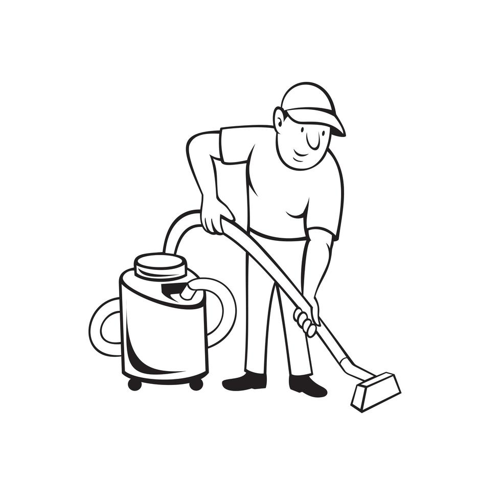 Commercial Carpet Cleaner Worker Vacuuming with Vacuum Cartoon Black and White vector