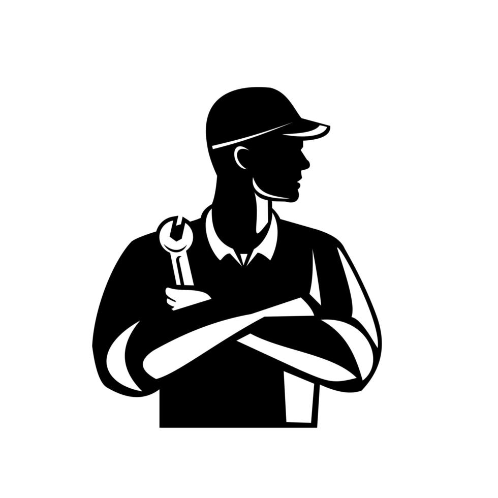 Automotive Mechanic Holding Spanner Arms Crossed Retro Black and White vector