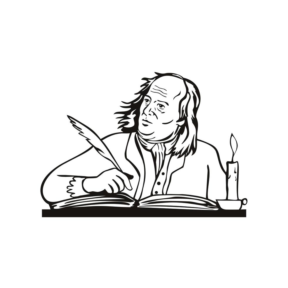 Benjamin Franklin American Polymath and Founding Father of the United States Writing Retro Black and White vector