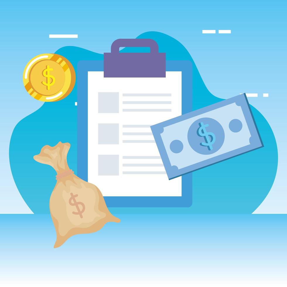 coins money dollars with checklist and bills vector
