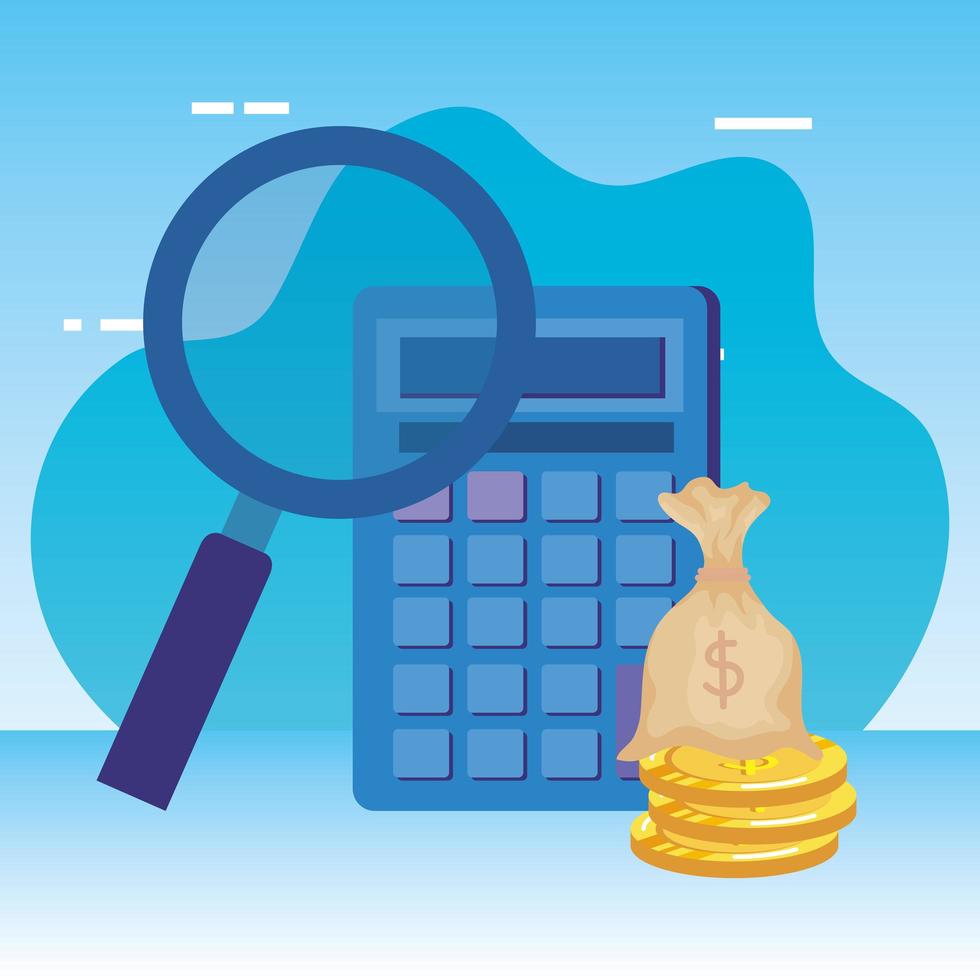 calculator math with magnifying glass and money vector