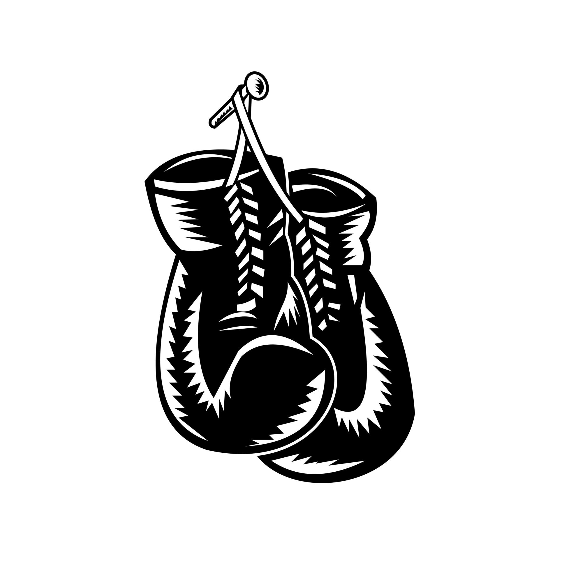 Pair of Boxing Gloves Hanging on Nail Retro Woodcut Black and White