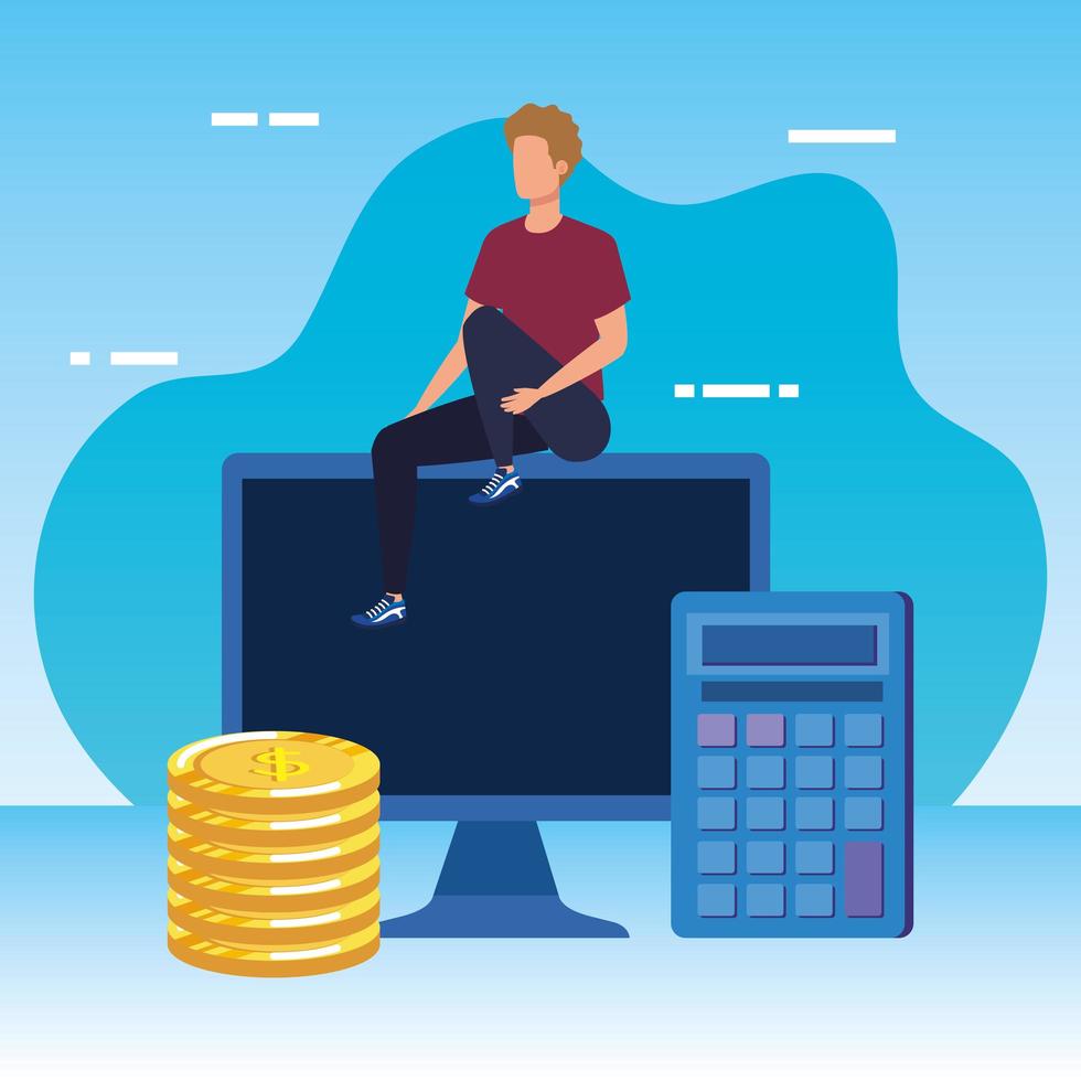 young man with desktop character vector