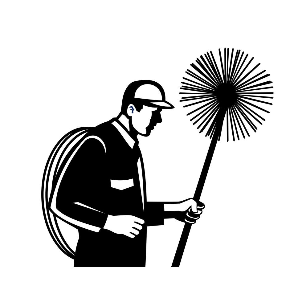 Chimney Sweeper Holding a Sweep or Broom and Rope Side View Retro Black and White vector