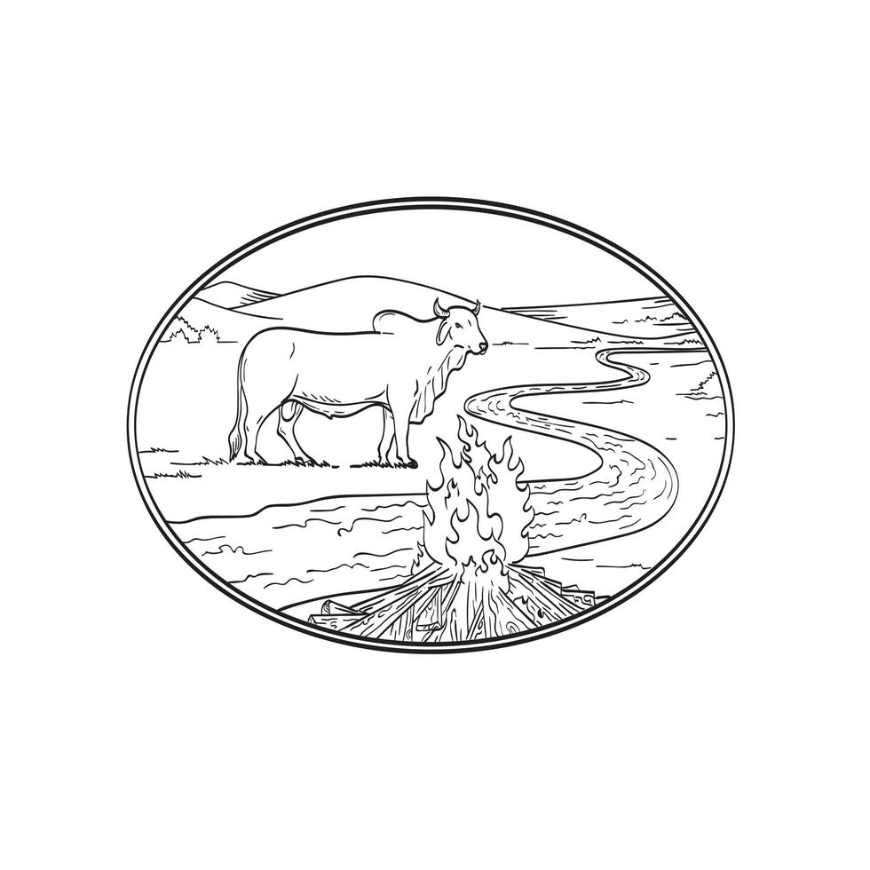 toro brahman de pie con río sinuoso o arroyo cordillera y fogata dibujo estilo de tatuaje en blanco y negro vector