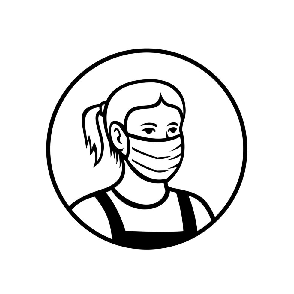 Caucasian Teenage Girl Wearing Face Mask Front View Circle Retro Black and White vector