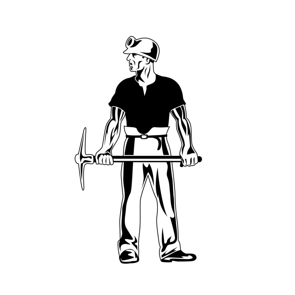 Coal Miner Wearing Hard Hat and Holding Pick Ax Standing Stencil Black and White Retro vector