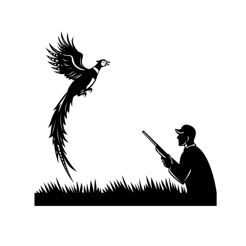 Silhouette of Bird Hunter with Rifle Hunting Pheasant Flying Up Retro Black and White vector