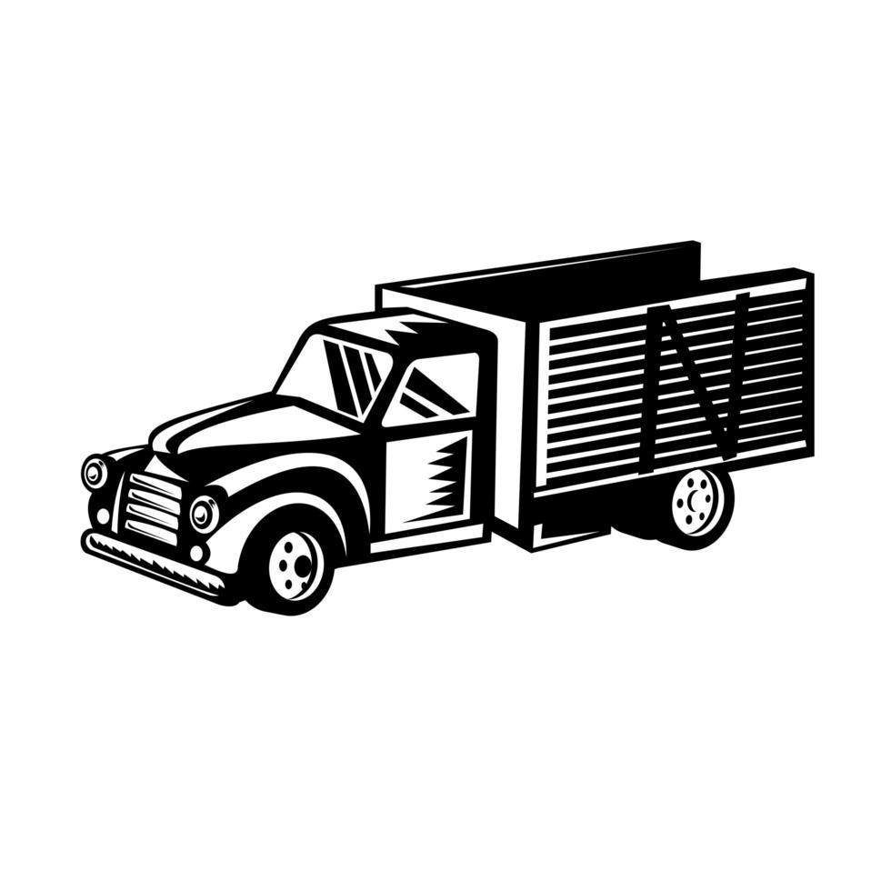 Vintage camioneta americana clásica con rieles laterales de madera xilografía retro en blanco y negro vector