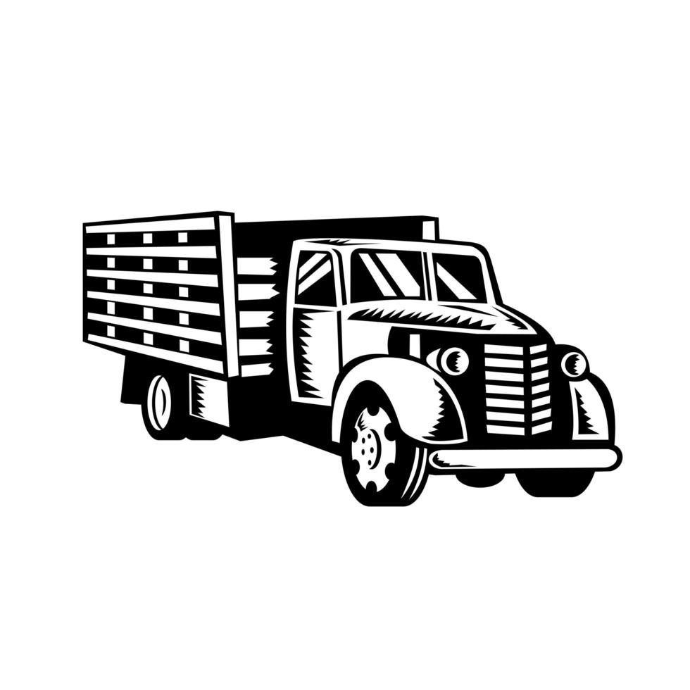 Classic American Pickup Truck with Wood Side Rails Front Retro Woodcut Black and White vector