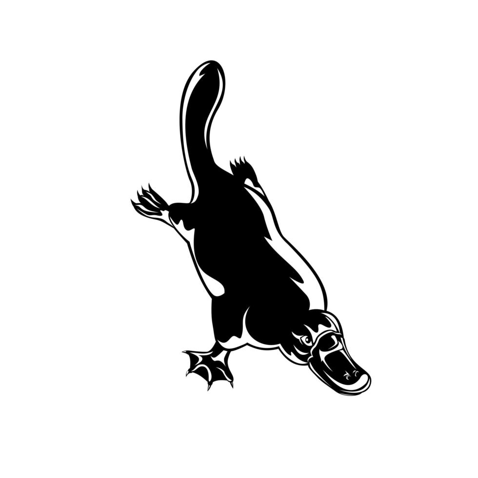 Duck-Billed Platypus Ornithorhynchus Anatinus Diving Retro Woodcut Black and White vector