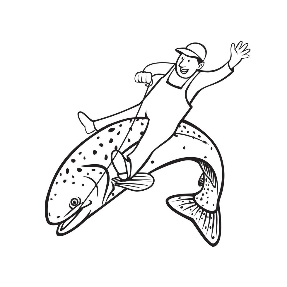 Trout Fisherman Riding Steelhead or Rainbow Trout Retro Stencil Black and White vector