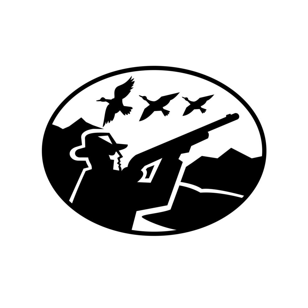 Duck Hunter Aiming Shooting Ducks Mountains Oval Retro Black and White vector