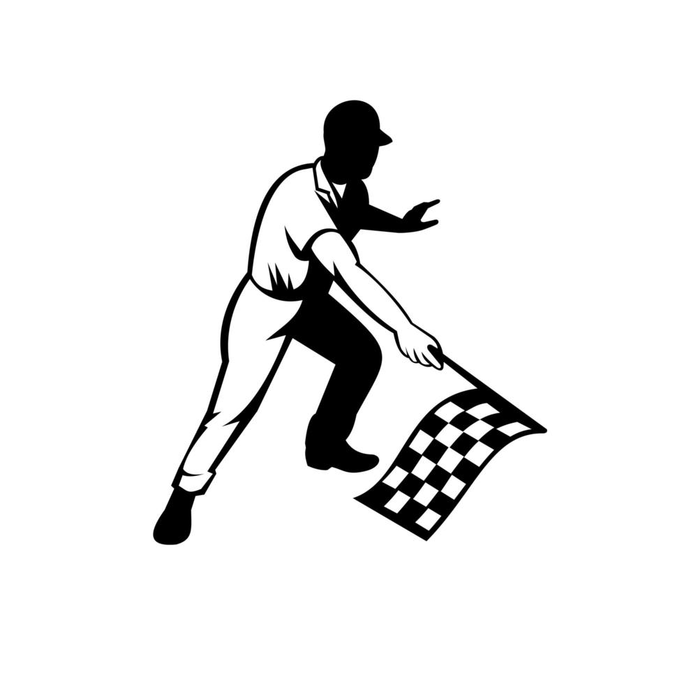 Flagman carrera oficial ondeando bandera a cuadros o a cuadros línea de meta retro retro en blanco y negro vector