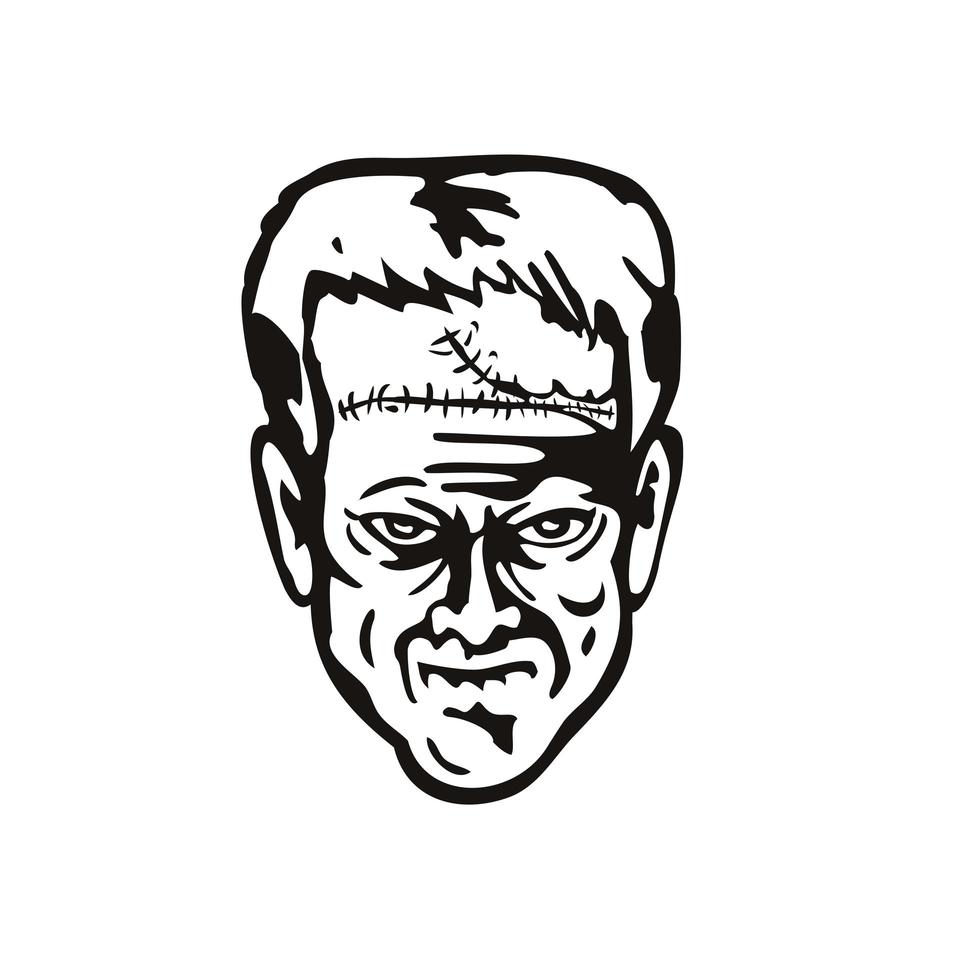 Head of Doctor Victor Frankenstein's Monster Front View Stencil Black and White Retro Style vector
