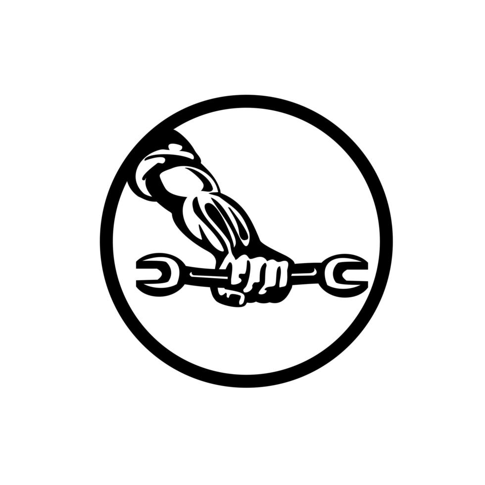 Mechanic Hand Holding Out Spanner Circle Retro Black and White vector