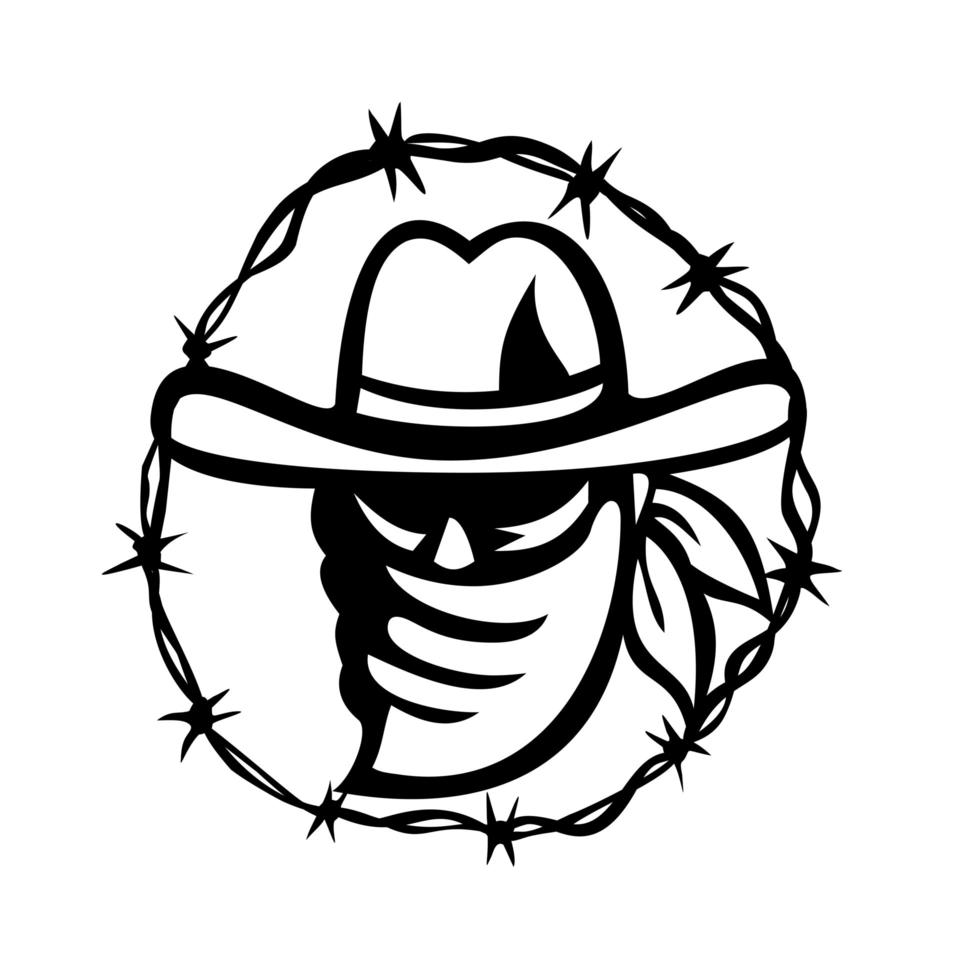 Outlaw Wearing Face Mask with Barbed Wire Ring Mascot Black and White vector