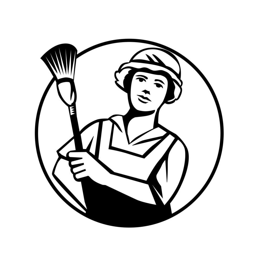 Maid Cleaner Holding Duster Front View Circle Retro Black and White vector