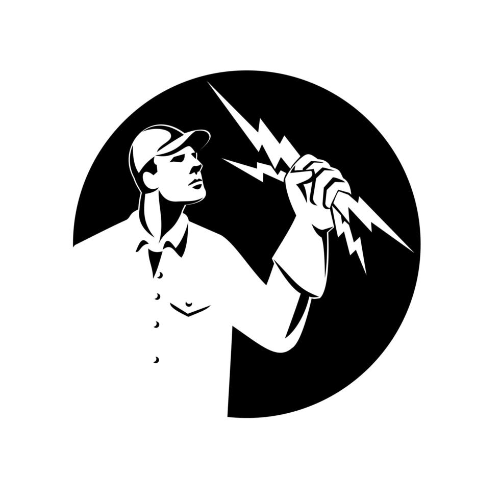 Electrician Lineman Holding Lightning Bolt Side View Retro Black and White vector