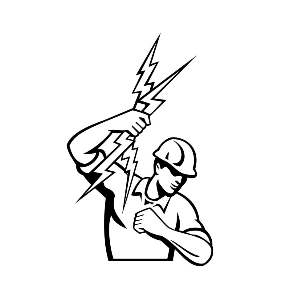 Power Lineman Electrician Throwing Lightning Bolt Black and White Retro vector