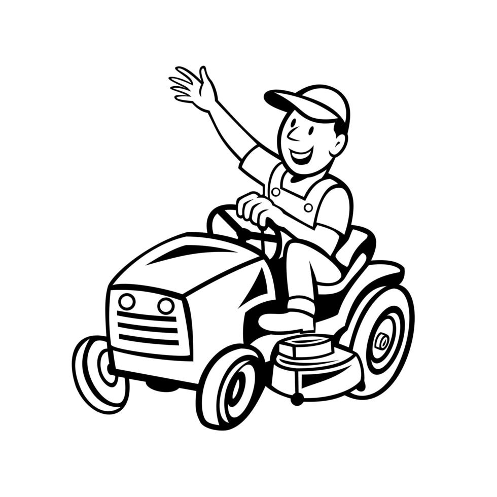 Farmer Riding Ride-on Mower Waving Hand Cartoon Black and White vector