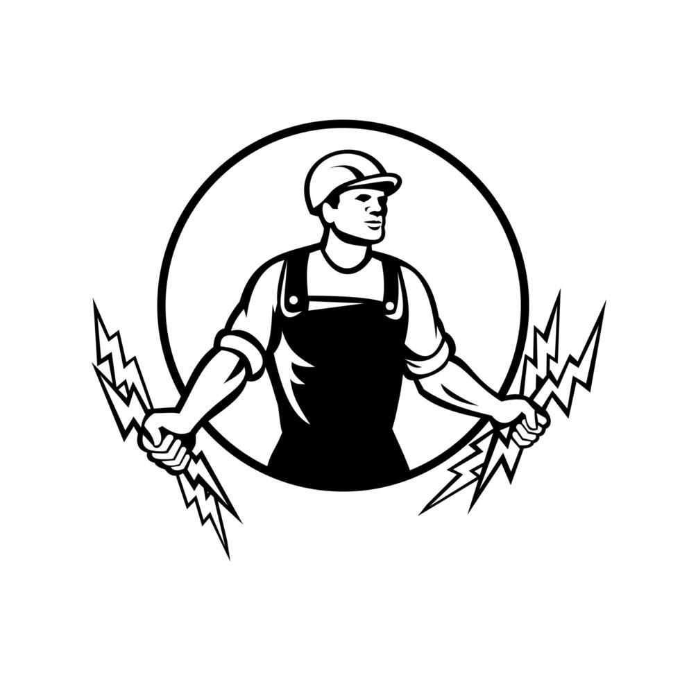 Electrician Power Lineman Holding Two Lightning Bolts Circle Retro Black and White vector