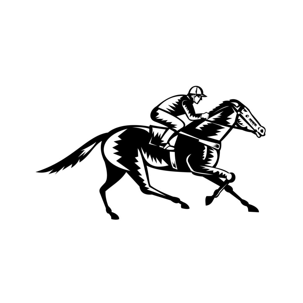 Jockey Riding Thoroughbred Horse Racing Retro Woodcut Black and White vector