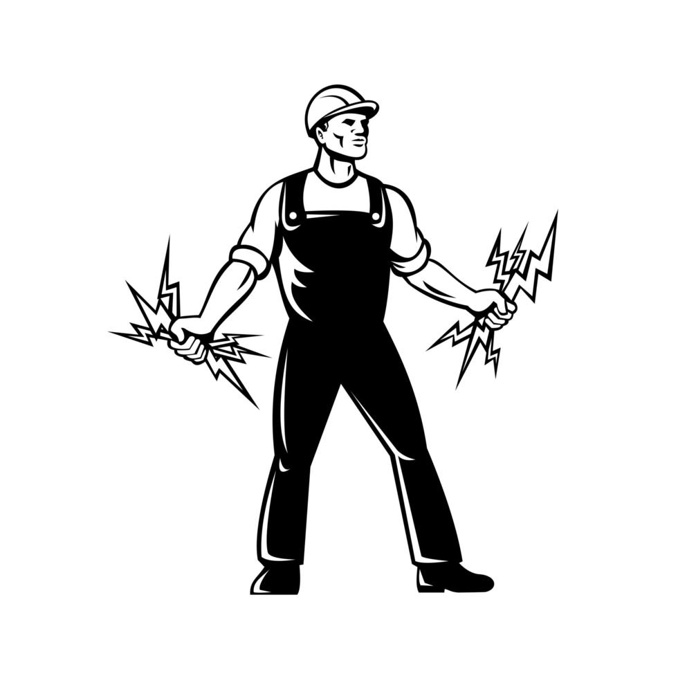 Electrician Lineworker Holding A Bunch of Lightning Bolt Standing Retro Black and White vector